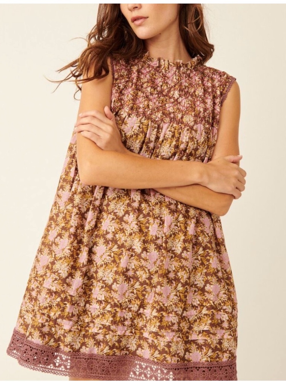 Free People Shea Pink and Brown Floral Smocked Mini Dress Size Medium NWT
